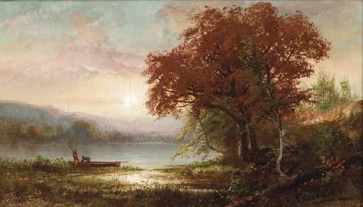 Frederick Rondel - Sunrise over a lake with figures and a boat on shore