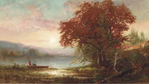 Frederick Rondel - Sunrise over a lake with figures and boat onshore
