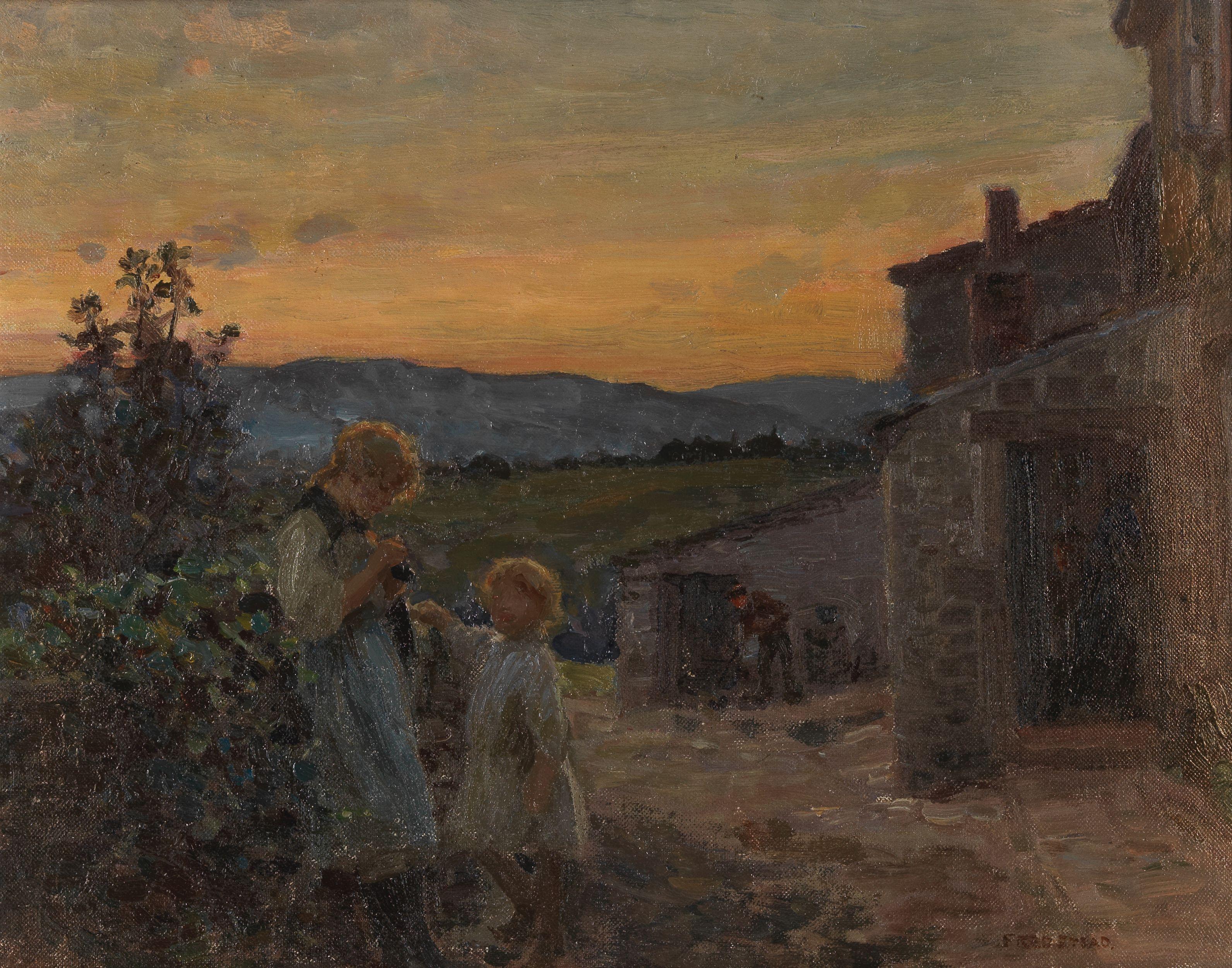 Frederick Stead - Sisters in a farmyard at dusk