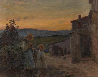 Frederick Stead - Sisters in a farmyard at dusk