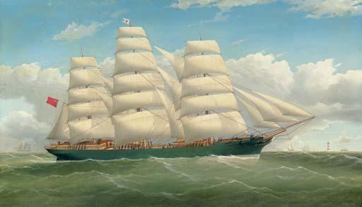 Frederick Tudgay - The three-masted clipper ship England\'s Glory with a lighthouse and other shipping in the distance