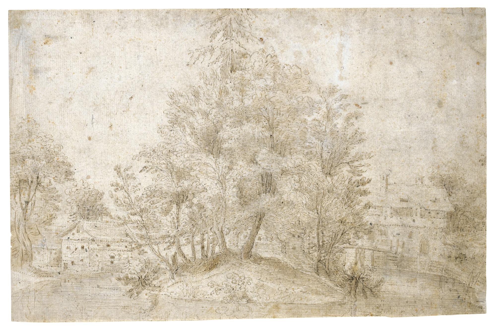 Frederick van Valckenborch - Landscape With Riverside Buildings Behind A Clump Of Trees