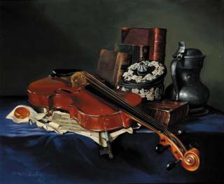 Frederick Victor Bailey - A violin by some books and vessels