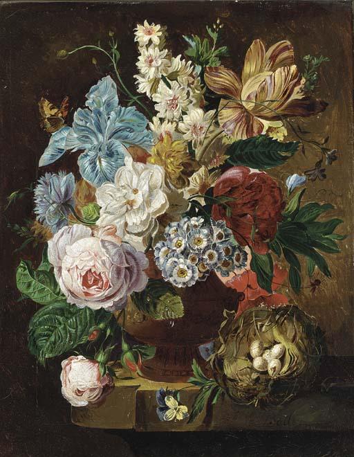 Frederick Victor Bailey - Flowers In A Bowl With A Bird\'S Nest To The Side