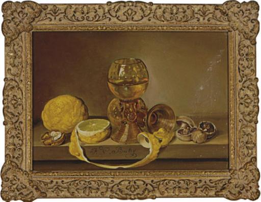 Frederick Victor Bailey - Still Life Of Two Glass Goblets, Lemons And Mushrooms On A Ledge