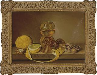 Frederick Victor Bailey - Still Life Of Two Glass Goblets, Lemons And Mushrooms On A Ledge