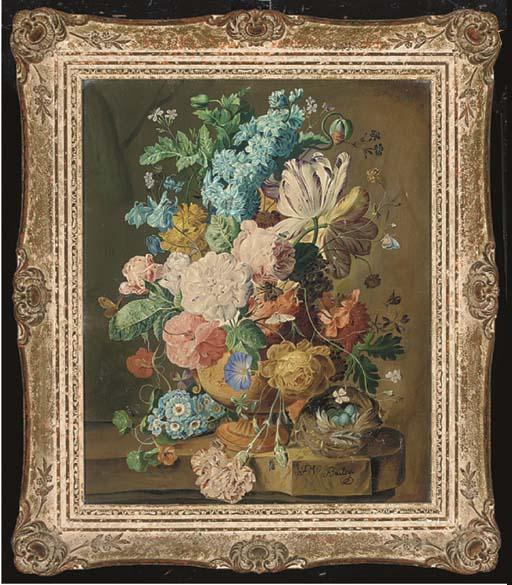 Frederick Victor Bailey - Summer flowers in a terracotta vase, on a stone ledge