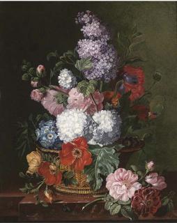 Frederick Victor Bailey - Summer Flowers In A Wicker Basket On A Shelf