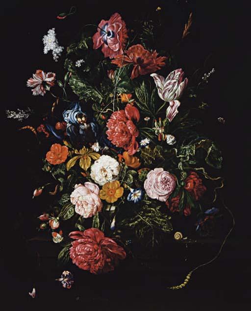 Frederick Victor Bailey - Sumptuous Floral Bouquet On A Ledge With A Snail