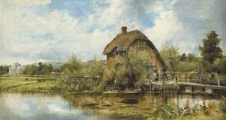Frederick Waters Watts - A figure by a mill cottage in a river landscape with a village in the distance, traditionally believed to be near Winchester, Hampshire