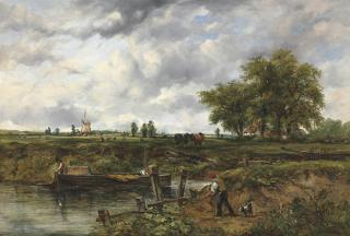 Frederick Waters Watts - An extensive landscape with a barge approaching a lock, with cattle and a windmill beyond