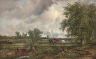 Frederick Waters Watts - An extensive landscape with a barge on a canal and yoked horses on a towpath, a church and village beyond