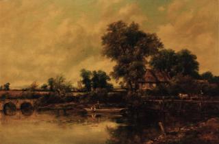 Frederick Waters Watts - An extensive wooded river landscape with figures in a punt and a horse and cart on a bridge, a village beyond