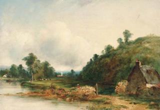 Frederick Waters Watts - Figures by a river in a wooded landscape, a cottage in the foreground and a village beyond