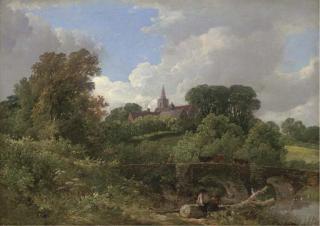 Frederick Waters Watts - Figures Resting By A Bridge