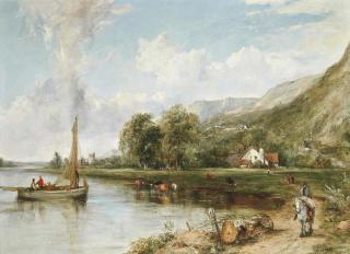 Frederick Waters Watts - Fishing on the estuary, with cattle watering nearby