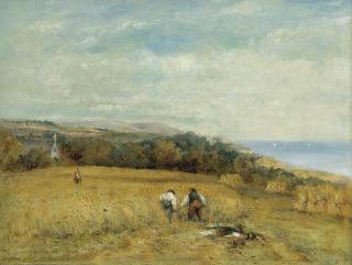 Frederick Waters Watts - Harvesters In A Cornfield On The Isle Of Wight, Flambro (?) Castle Beyond