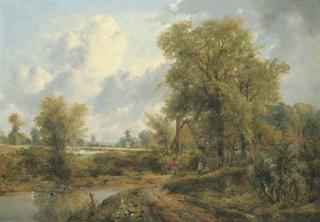 Frederick Waters Watts - Wooded landscape with figures by a cottage and a church beyond