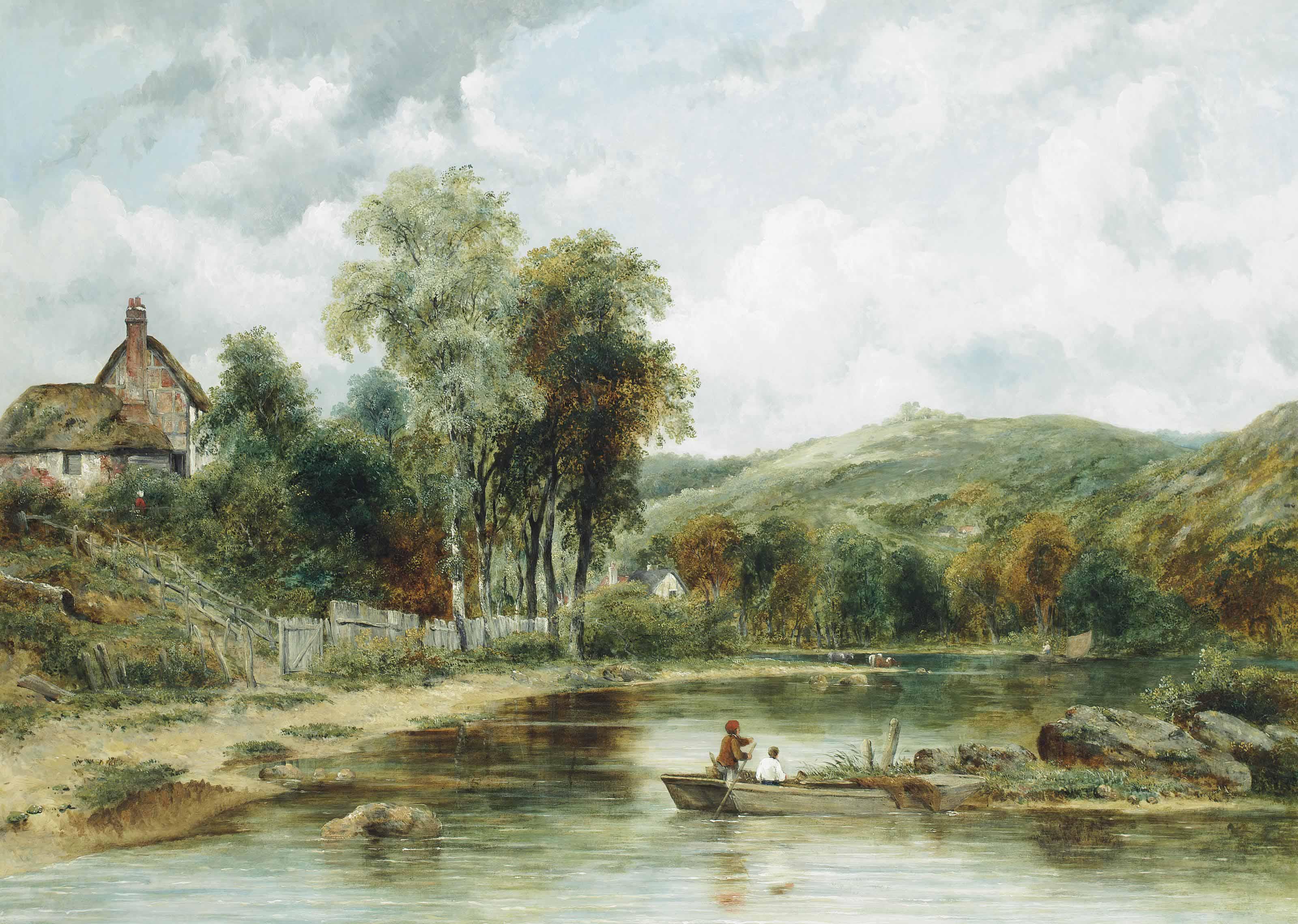 Frederick Waters Watts - Wooded Landscape With Figures In A Boat, Cottages Beyond
