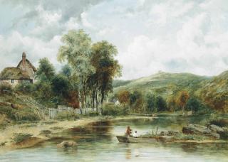 Frederick Waters Watts - Wooded Landscape With Figures In A Boat, Cottages Beyond