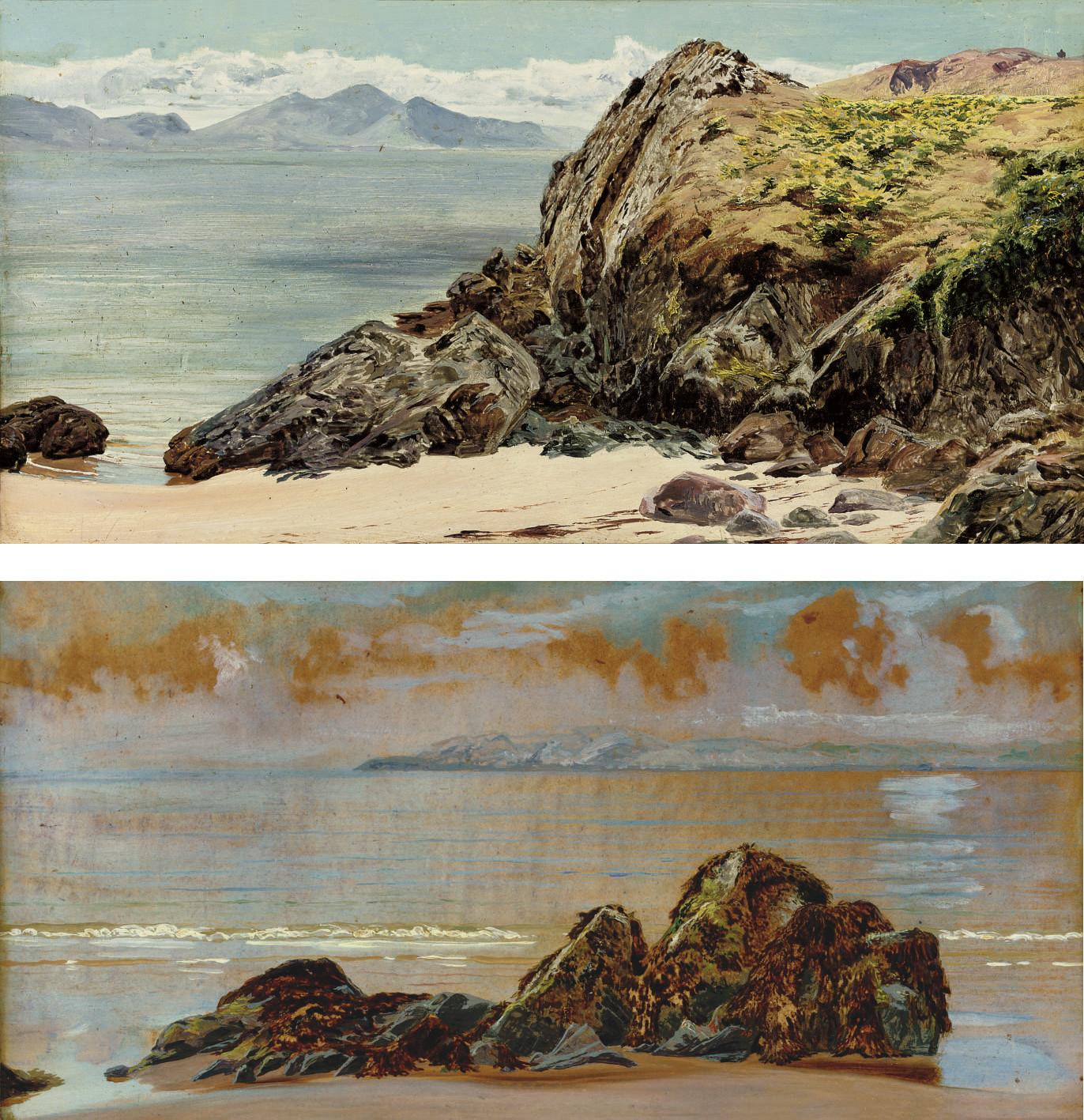 Frederick William Hayes, A.R.C.A. - The rivals, Llanddwyn; and Rocks on a beach