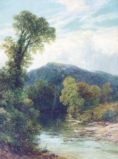 Frederick William Hulme - A Quiet River Landscape With Fishermen