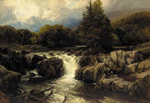 Frederick William Hulme - An angler in a Welsh river landscape