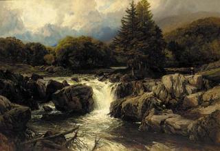 Frederick William Hulme - An angler in a Welsh river landscape