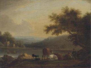 Frederick William Hulme - Figures And Cattle On A River Bank At Evening