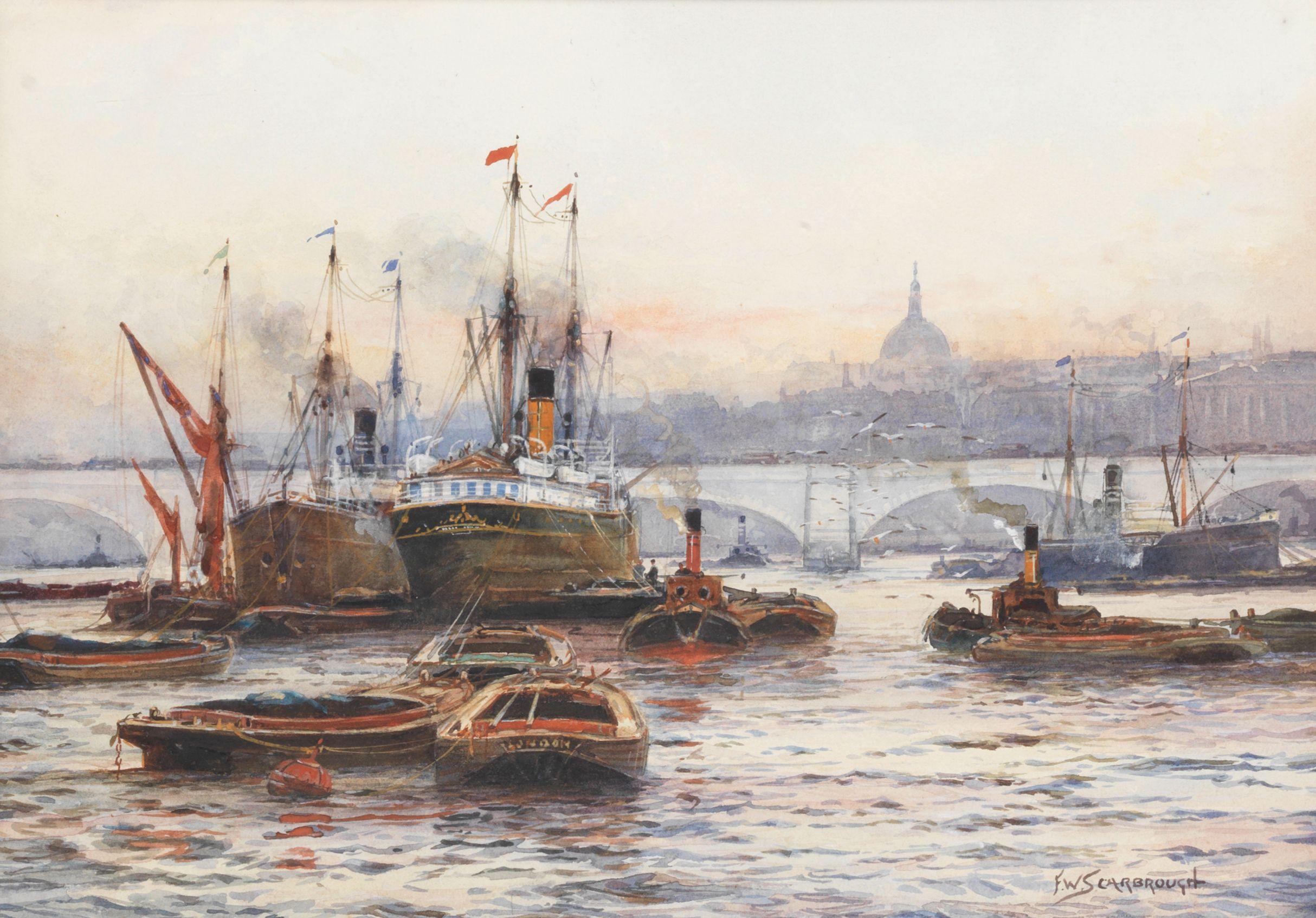 Frederick William Scarbrough - Busy Thames scene with London Bridge and St. Pauls in the distance