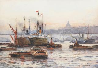 Frederick William Scarbrough - Busy Thames scene with London Bridge and St. Pauls in the distance