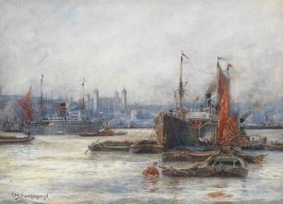 Frederick William Scarbrough - On the Thames with the Tower of London in the distance