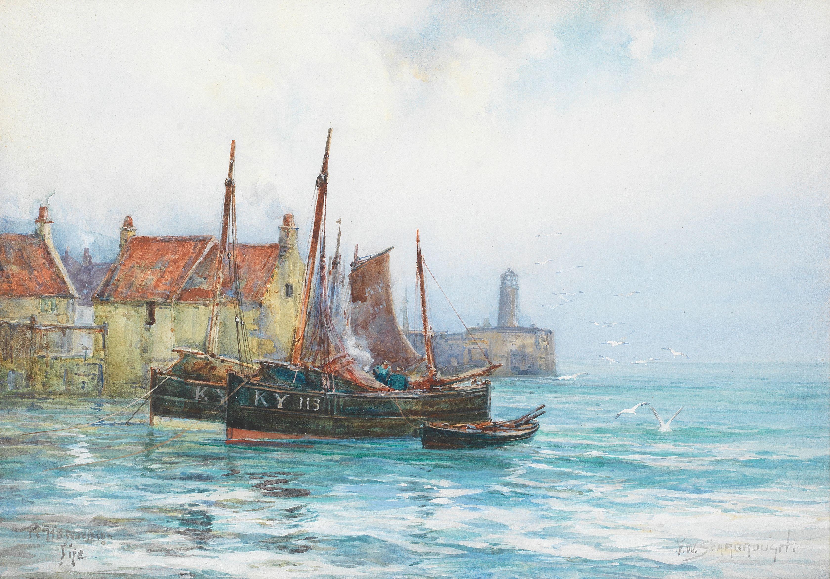 Frederick William Scarbrough - \'Pittenweem, Fife\'; \'Even Tide Kings Lynn\'; When the tide is out, Kings Lynn each approximately 24.5 x 34cm (9 5/8 x 13 3/8in). (3)
