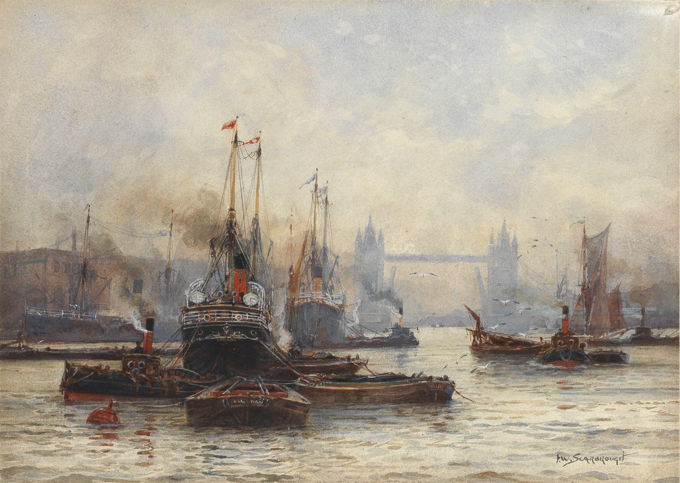 Frederick William Scarbrough - Shipping on the Thames with Tower Bridge in the distance