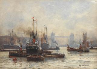 Frederick William Scarbrough - Shipping on the Thames with Tower Bridge in the distance