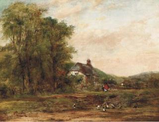 Frederick William Watts - A country landscape with figures on a path by a cottage