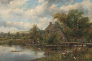 Frederick William Watts - Figures in a boat by a Suffolk cottage