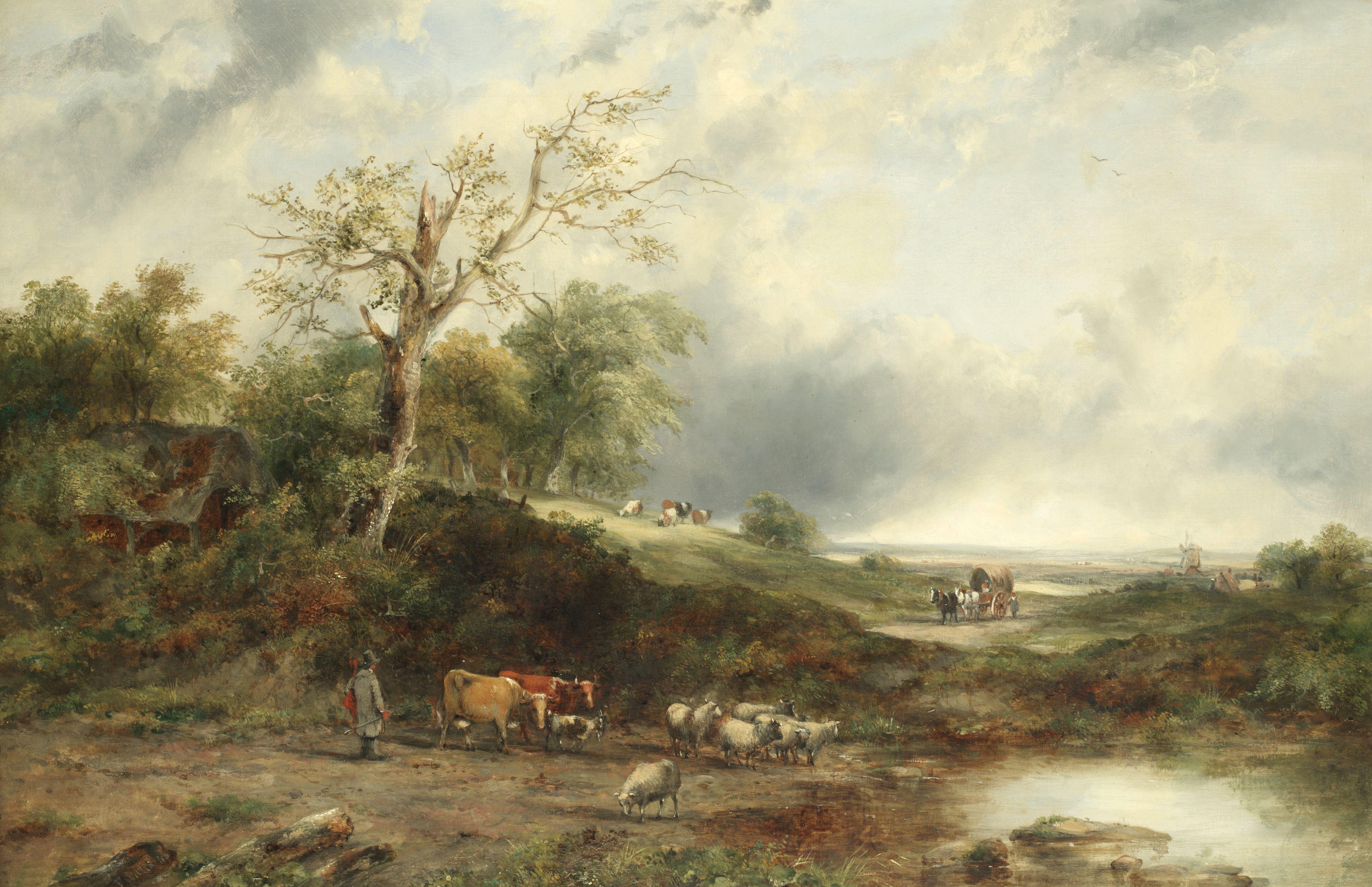 Frederick William Watts - Landscape With Figures Tending Sheep And Cattle