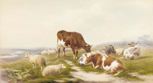 Frederick Williamson - Cattle and sheep at pasture; and Sheep resting in a meadow