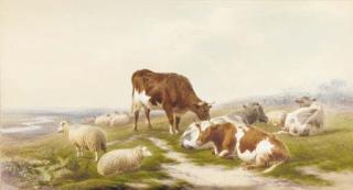 Frederick Williamson - Cattle and sheep at pasture; and Sheep resting in a meadow
