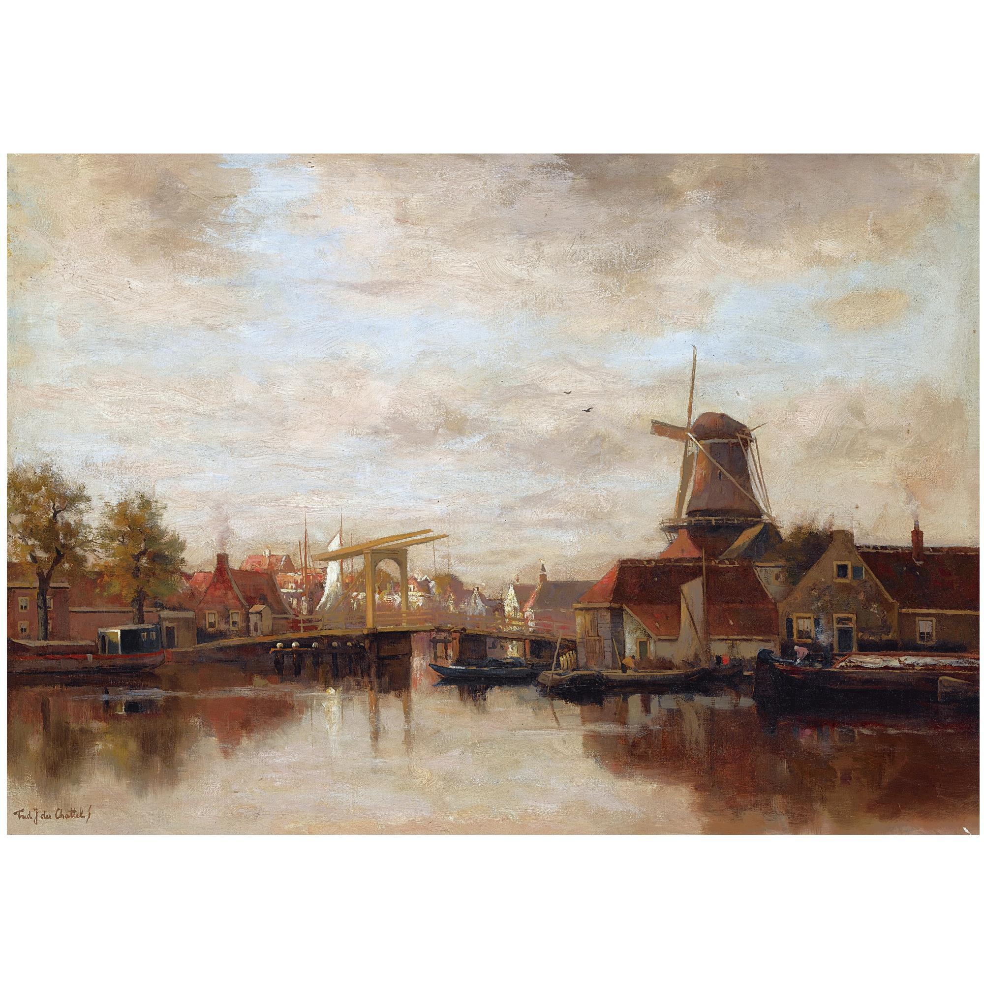 Fredericus Jacobus Van Rossum Du Chattel - Dutch A View Of A Town On The River Vecht