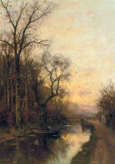 Fredericus Jacobus van Rossum du Chattel - On the canal at sunset
