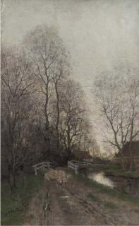 Fredericus Jacobus Van Rossum Du Chattel - Sheep on a sandy path by a bridge