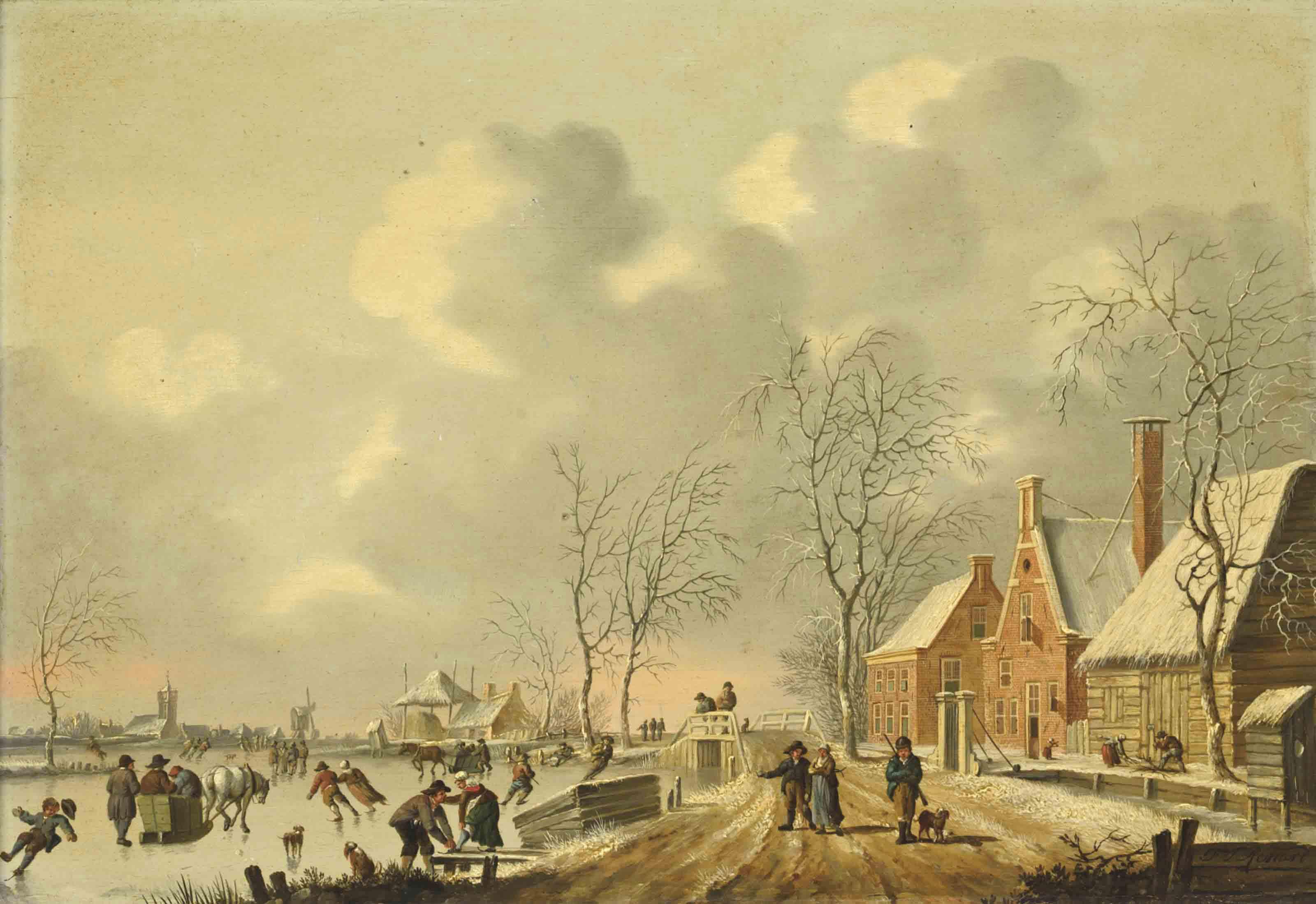 Fredericus Theodorus Renard - A frozen winter landscape with skaters