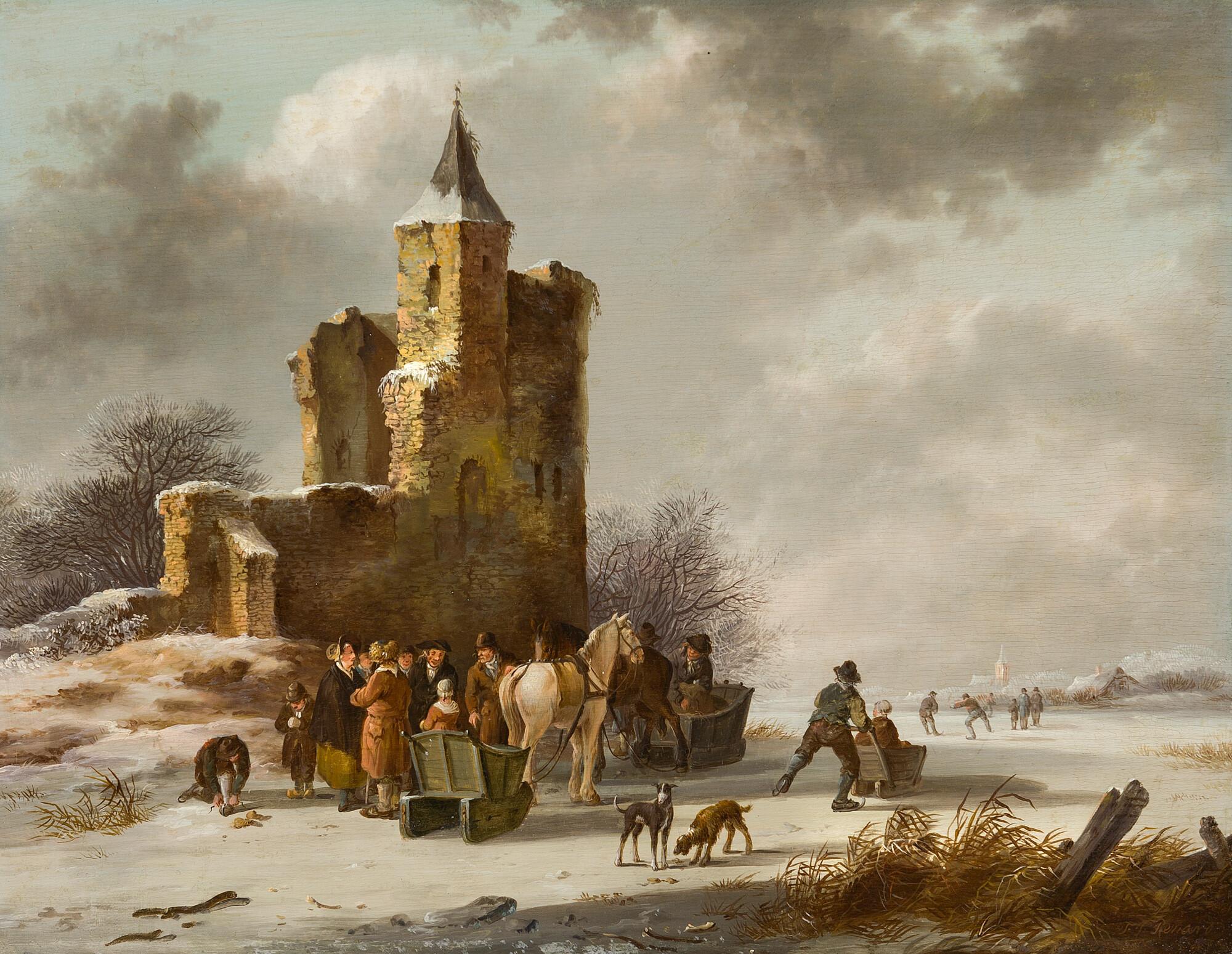 Fredericus Theodorus Renard - Winterlandschaft mit Schlittschuhläufern vor einer Ruine.