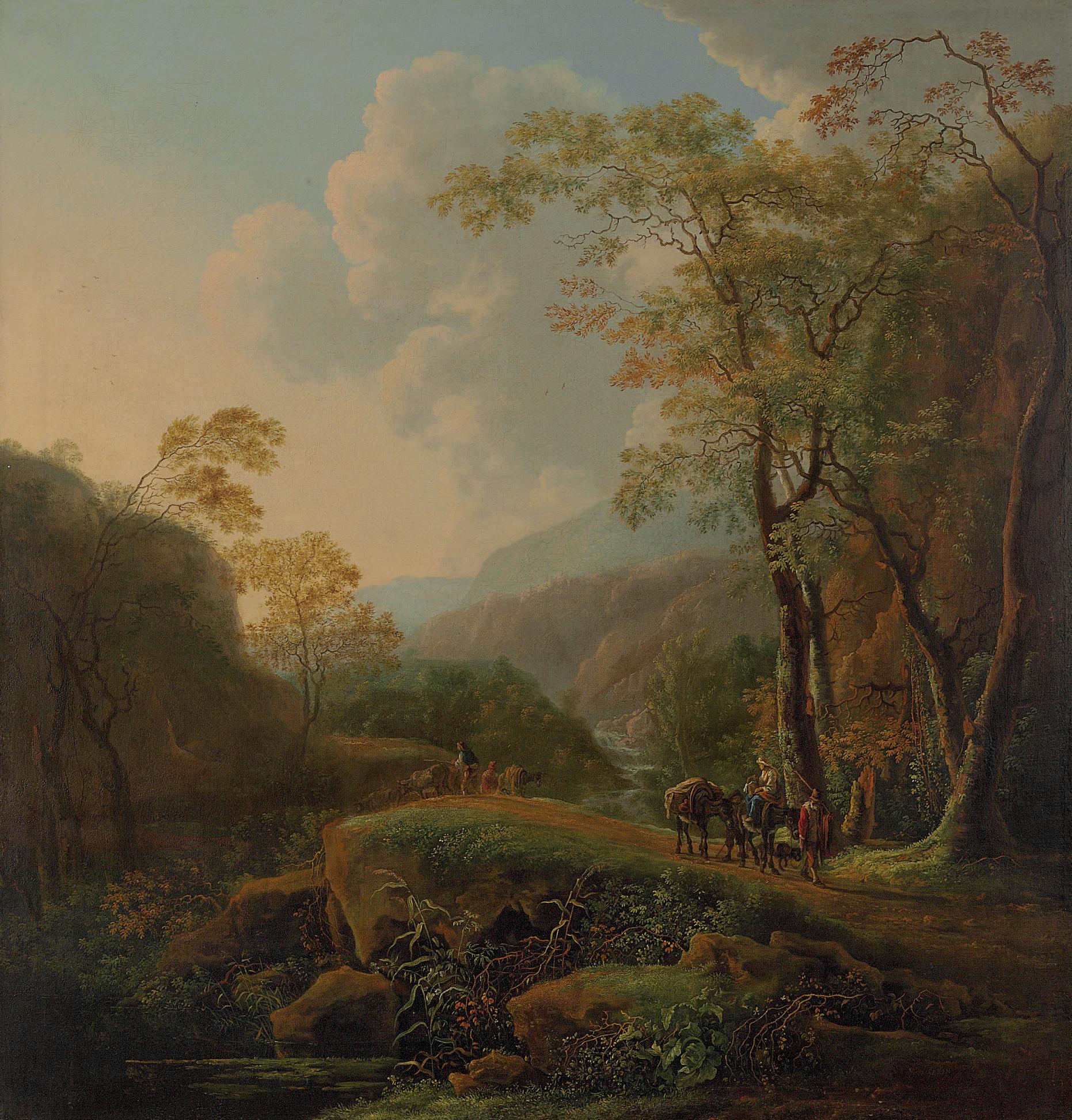 Frederik de Moucheron - A wooded Italianate landscape with travelers on a path
