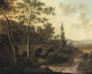 Frederik De Moucheron - A wooded landscape with travellers on a path