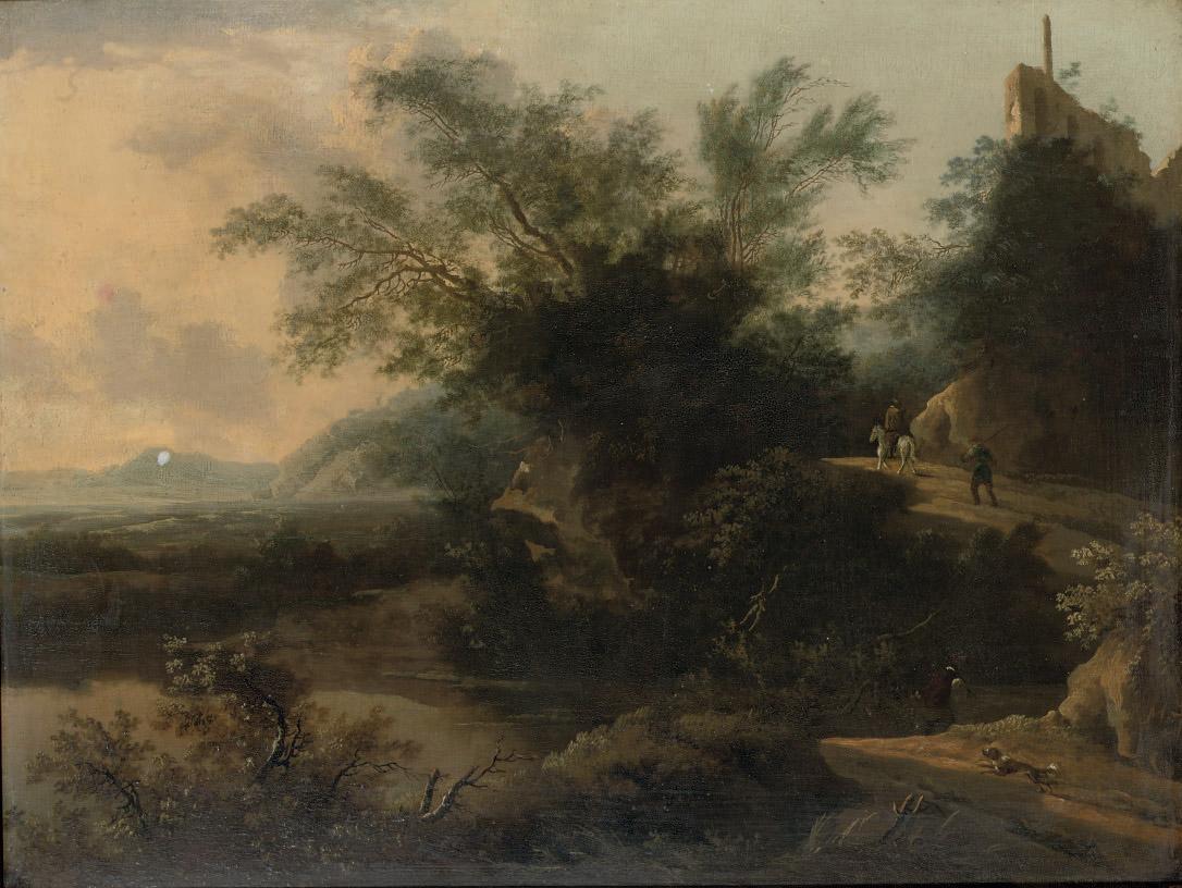 Frederik de Moucheron - A wooded rocky landscape with travellers