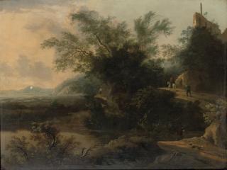 Frederik de Moucheron - A wooded rocky landscape with travellers