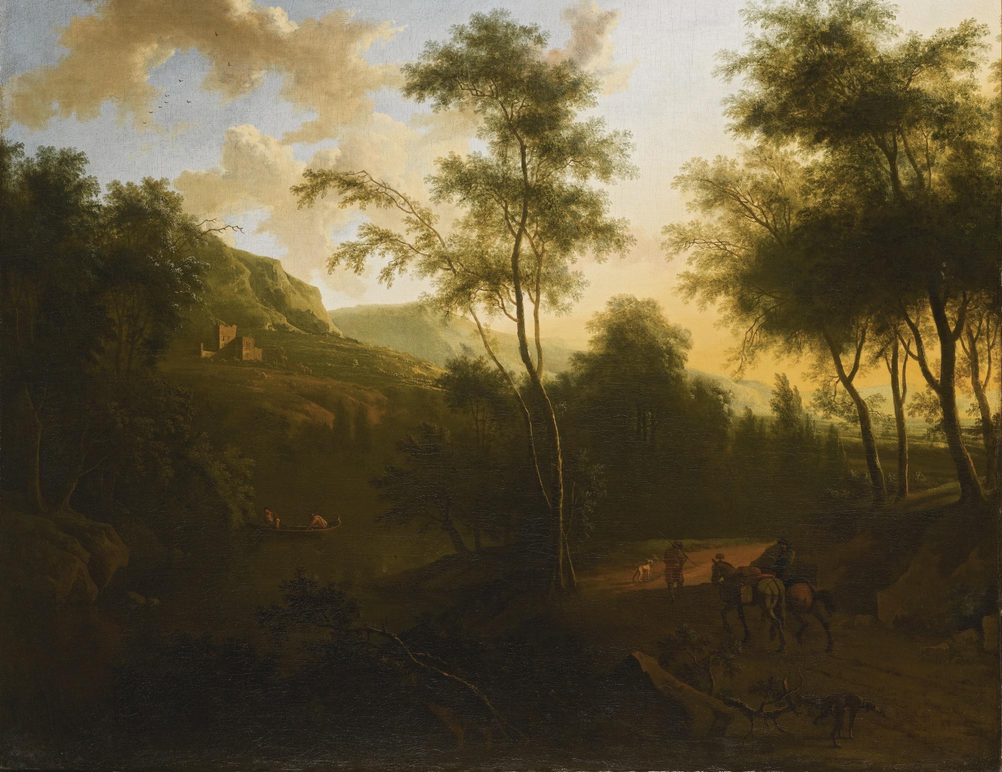 Frederik De Moucheron - An Extensive Italianate Landscape With Mounted Travellers In The Foreground, A River With Fishermen And A Castle Beyond